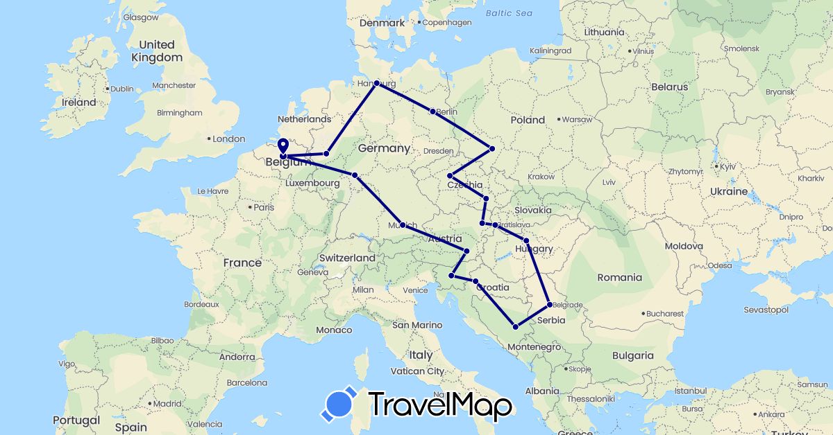 TravelMap itinerary: driving in Austria, Bosnia and Herzegovina, Belgium, Czech Republic, Germany, Croatia, Hungary, Poland, Serbia, Slovenia, Slovakia (Europe)